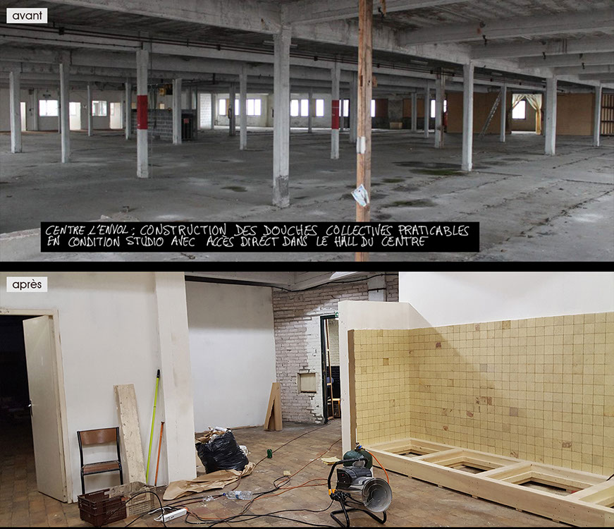 stills décor les invisibles film - douches du centre d'accueil - construction du décor, réalisé par Louis-Julien Petit