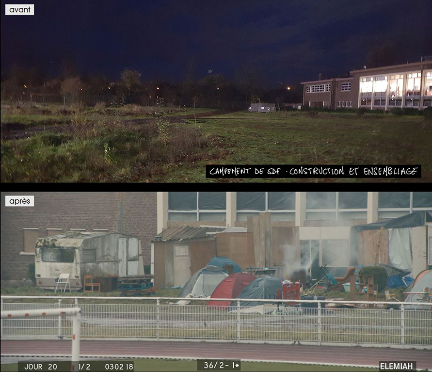 photo installation avant et aprés du décor pour la séquence du démentellement d'un camp de dans abris