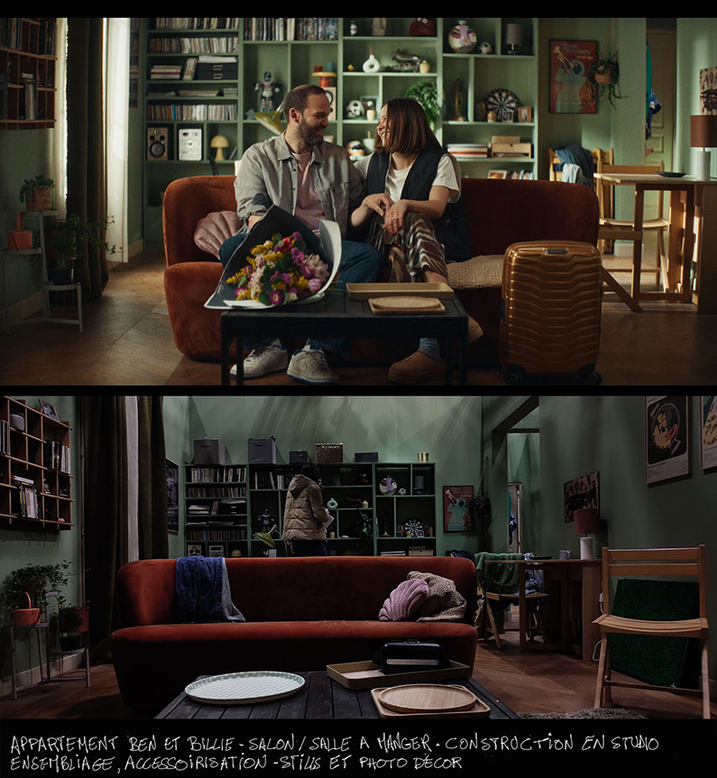 décor en studio pour bref 2 - épisode 2 - salon de l'appartement de ben - mikaël alhawi - photo de l'installation du décor et stills 