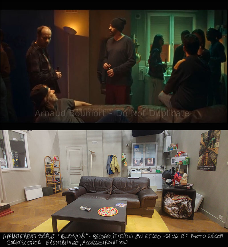 décor en studio pour bref 2 - épisode 1 - appartement orel et gringe - serge le mytho bloqué - photo de l'installation et stills