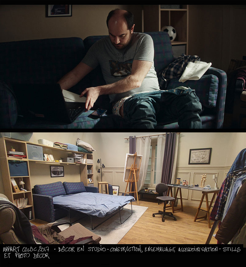 décor en studio pour bref 2 - épisode 6 - appartement de je célibataire 2017 - kyan khojandi - photo de l'installation du décor et stills 