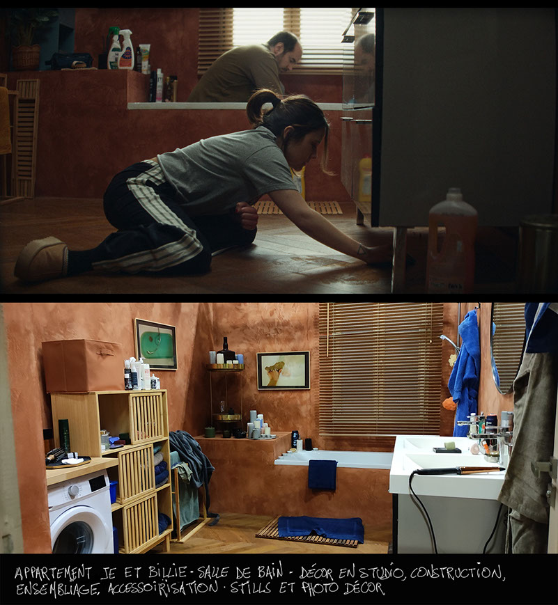 décor en studio pour bref 2 - épisode 1 - salle de bain appartement de je et billie - laura felpin - photo de l'installation du décor et stills 