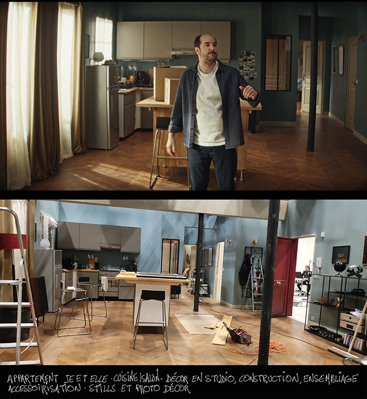 photo de l'installation du décor en studio et stills  pour bref 2 - épisode 1 - salon de l'appartement de je et elle - kyan khojandi cheveux 