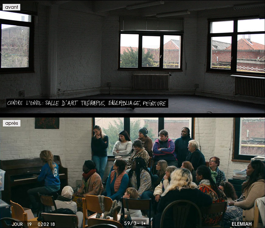 stills décor les invisibles film - salle d'art thérapie du centre d'accueil - transformation avant et après. réalisé par Louis-Julien Petit