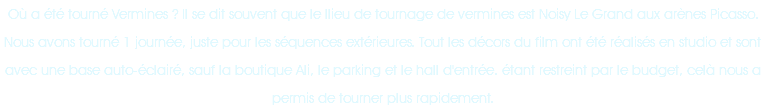 Où a été tourné Vermines ? Il se dit souvent que le llieu de tournage de vermines est Noisy Le Grand aux arènes Picasso. Nous avons tourné 1 journée, juste pour les séquences extérieures. Tout les décors du film ont été réalisés en studio et sont avec une base auto-éclairé, sauf la boutique Ali, le parking et le hall d'entrée. étant restreint par le budget, celà nous a permis de tourner plus rapidement.