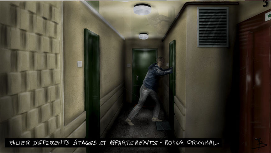 digital painting du décor en studio pour le film vermines réalisé par sebastien vanicek - le couloir de l'immeuble arènes Picasso