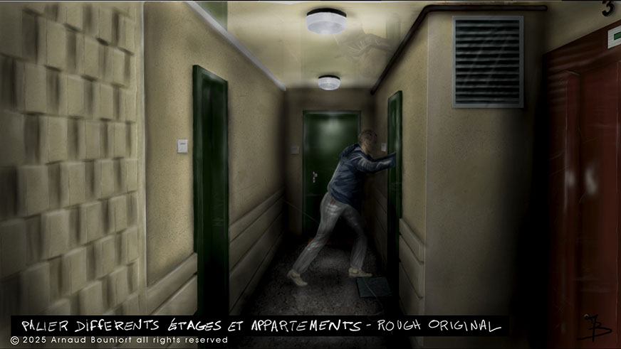 digital painting du décor en studio pour le film vermines réalisé par sebastien vanicek - le couloir de l'immeuble arènes Picasso