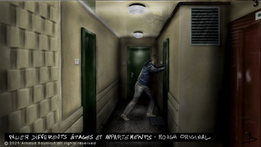 digital painting du décor en studio pour le film vermines réalisé par sebastien vanicek - le couloir de l'immeuble arènes Picasso