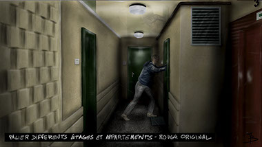 digital painting du décor en studio pour le film vermines réalisé par sebastien vanicek - le couloir de l'immeuble arènes Picasso