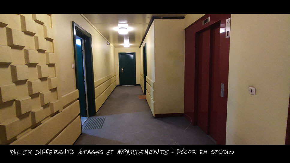 stills du décor en studio du film vermines réalisé par sebastien vanicek - le couloir de l'immeuble arènes Picasso en construction