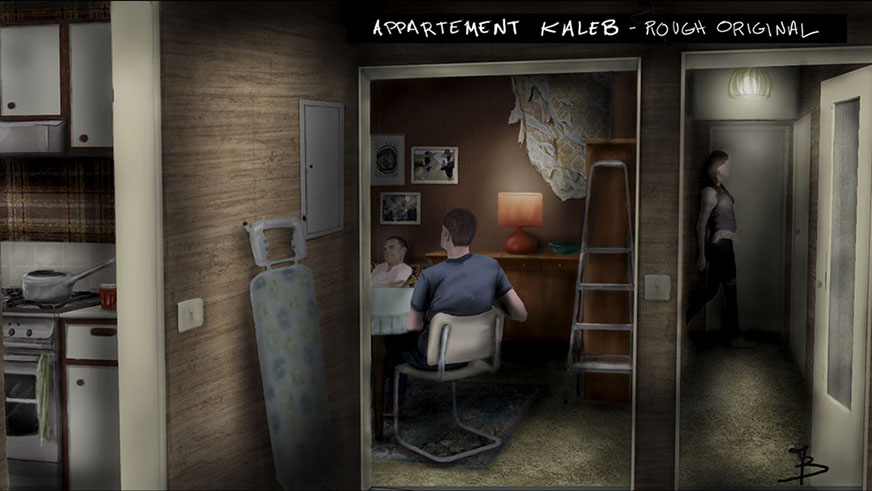 digital painting du décor en studio pour le film vermines réalisé par sebastien vanicek  - entrée de l'appartement Kaleb
