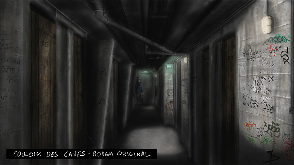 digital painting pour le décor en studio du film vermines réalisé par sebastien vanicek - le couloir des caves de l'immeuble des arènes Picasso
