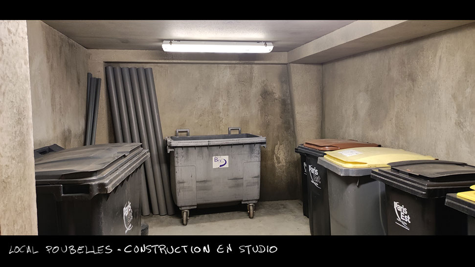 photo du décor en studio pour le film vermines réalisé par sebastien vanicek - local poubelles de l'immeuble des arènes Picasso en construction