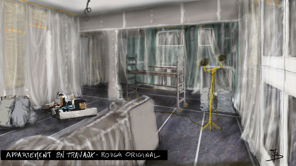 rough du décor en studio pour le film vermines réalisé par sebastien vanicek - scénario florent bernard - appartement en travaux de Gilles